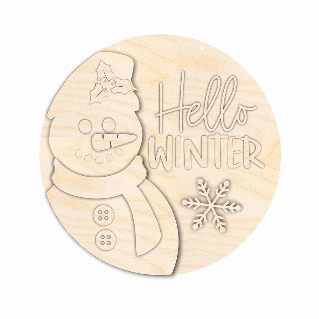 Unfinished Wood Hello Winter Snowman Door Sign Kit | Wood Craft Cutouts | 1/4" Thick |