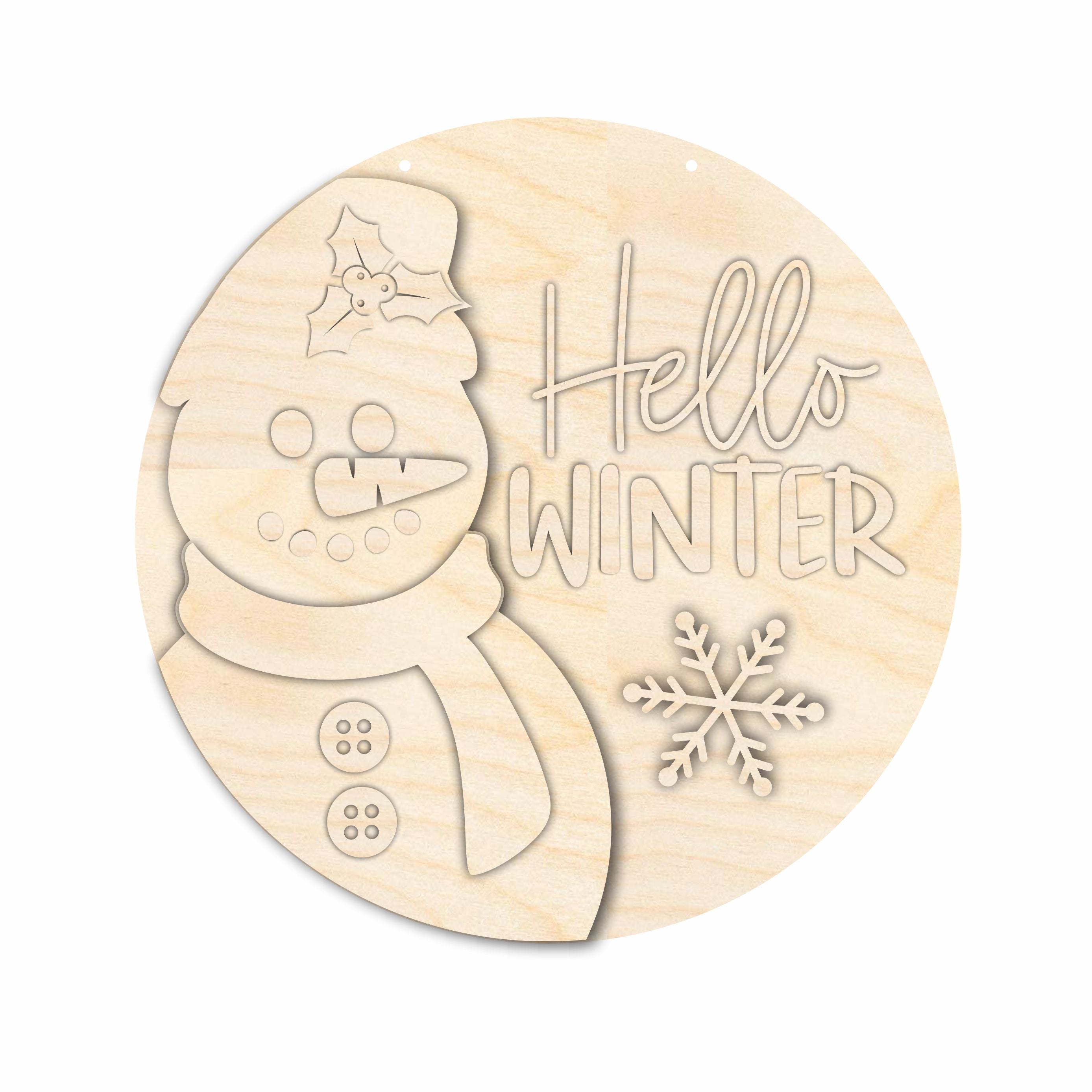 Unfinished Wood Hello Winter Snowman Door Sign Kit | Wood Craft Cutouts | 1/4" Thick |