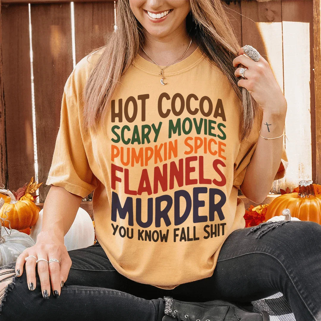 Fall Flannels & True Crime Casual Top – "Hot Cocoa Scary Movies"