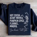 Dancing Skeleton Fall True Crime Sweatshirt – "Hot Cocoa Scary Movies Pumpkin Spice Flannel Murder"