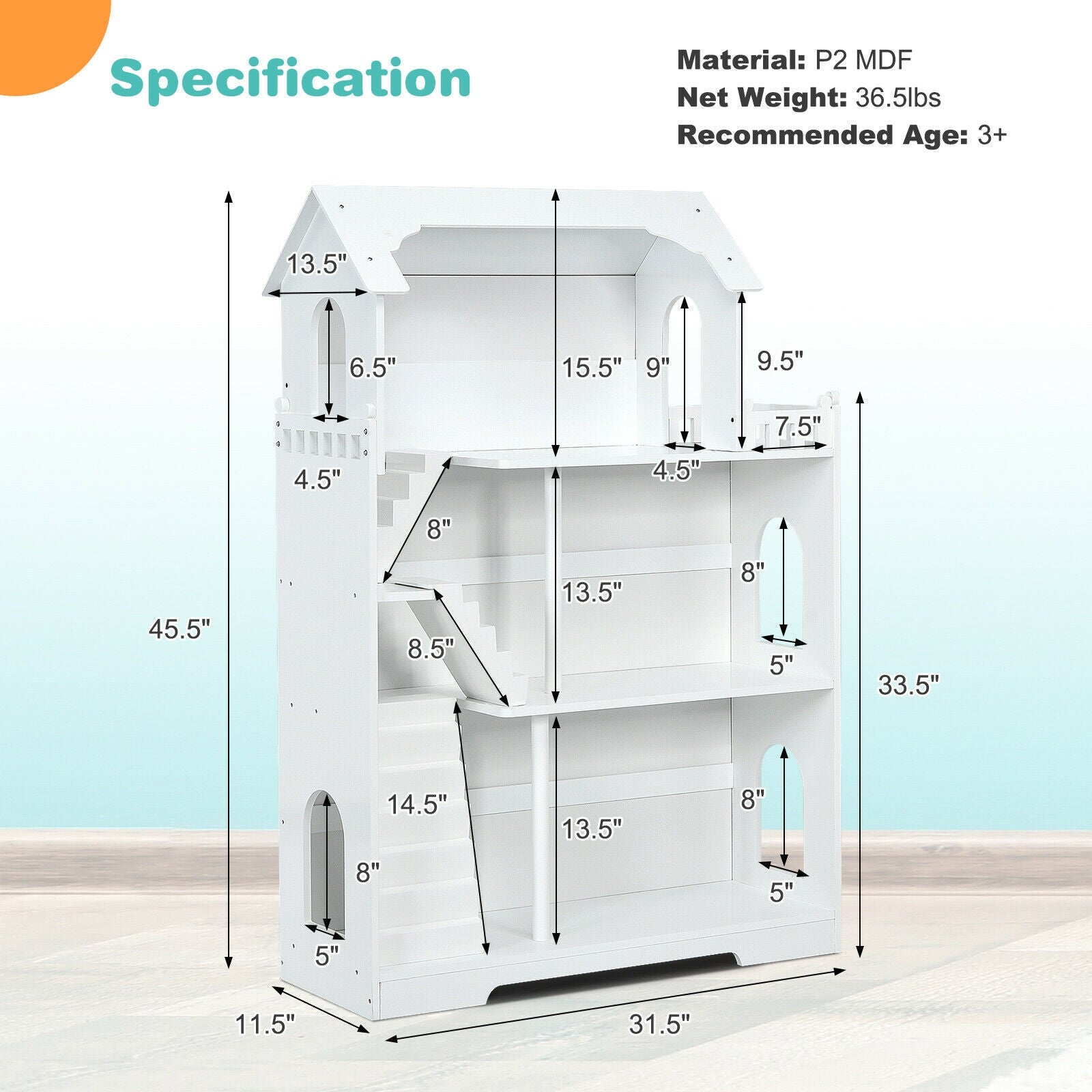 Kids Wooden Dollhouse Bookshelf with Anti-Tip Design and Storage Space