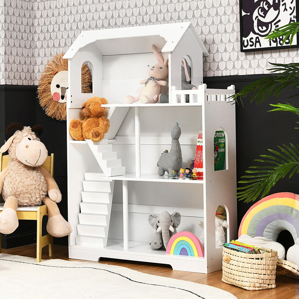 Kids Wooden Dollhouse Bookshelf with Anti-Tip Design and Storage Space