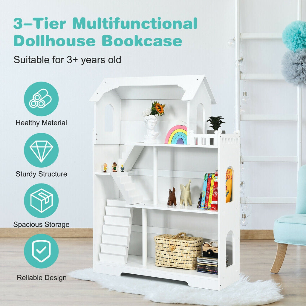 Kids Wooden Dollhouse Bookshelf with Anti-Tip Design and Storage Space