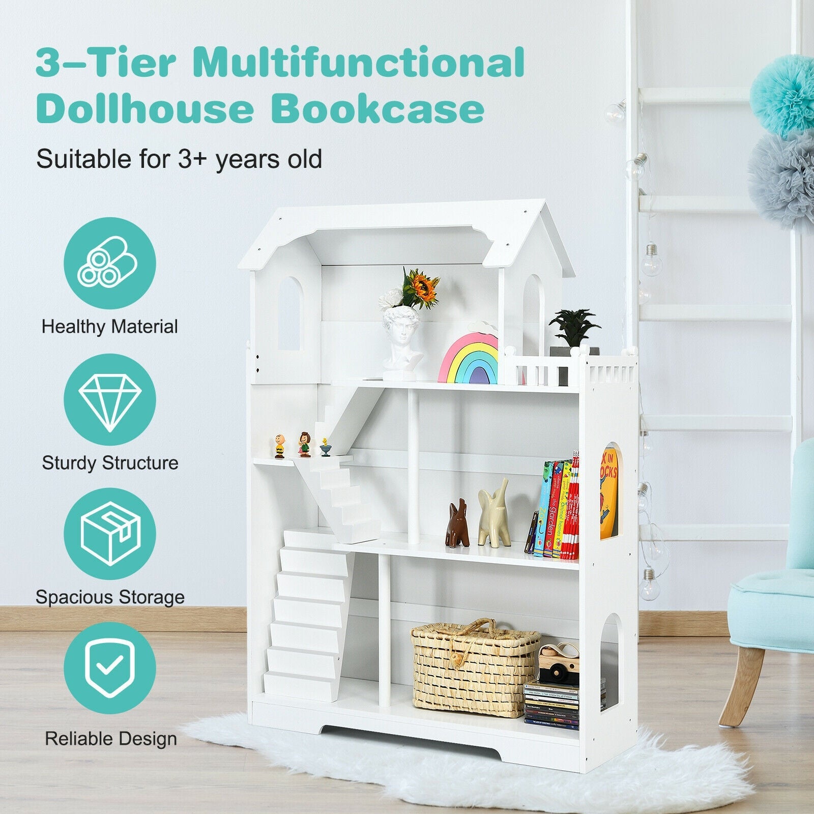 Kids Wooden Dollhouse Bookshelf with Anti-Tip Design and Storage Space
