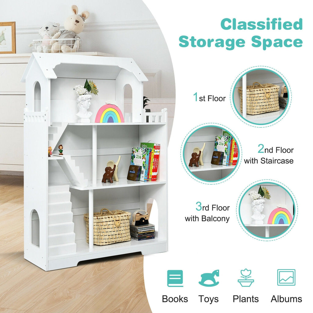 Kids Wooden Dollhouse Bookshelf with Anti-Tip Design and Storage Space
