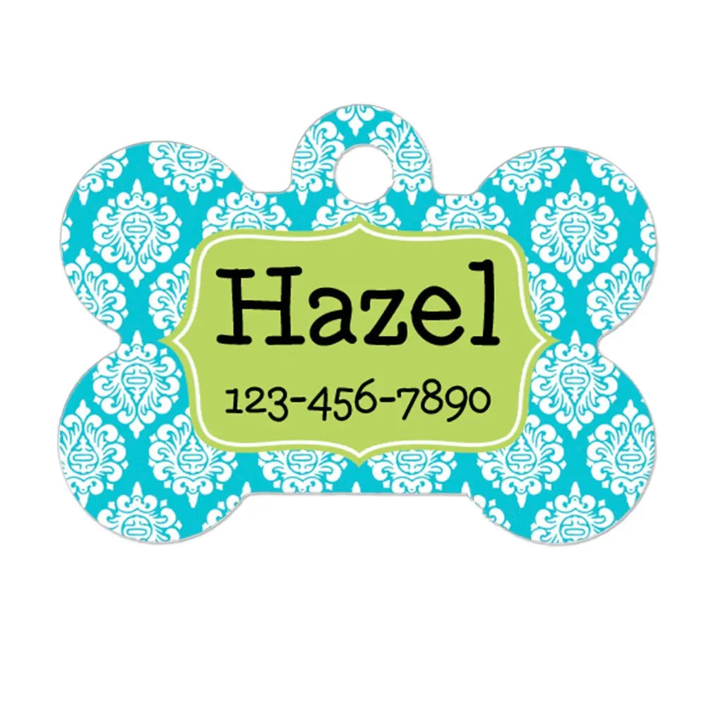 Personalized Dog Name Tag - Dog ID Tag - Aqua Lime Custom Dog Collar Tag - Dog Tag Damask Pattern