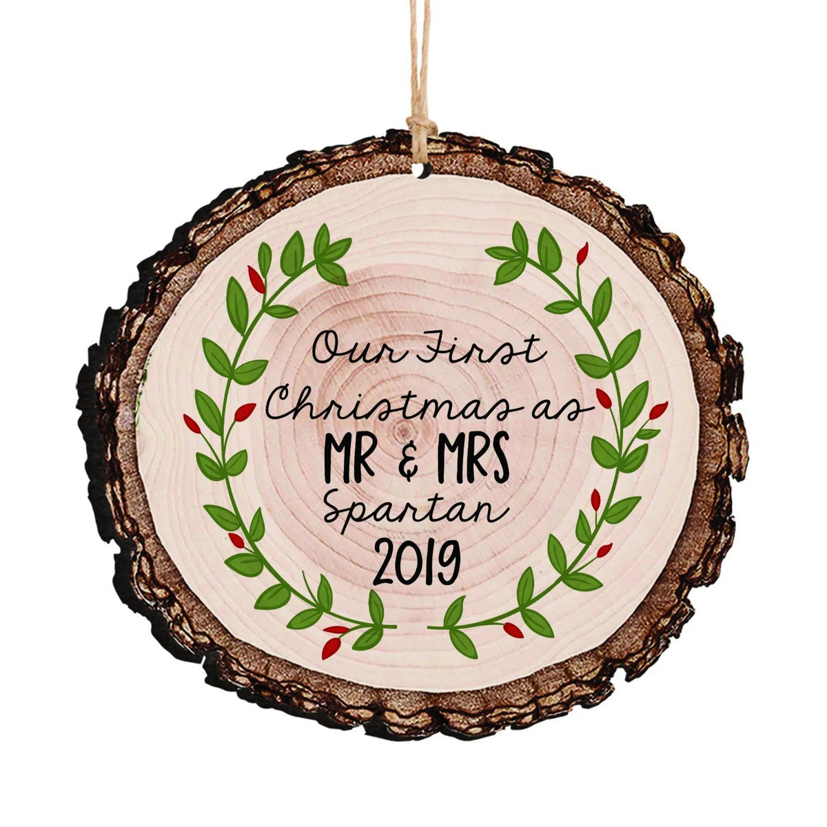 Wedding Gift, Our First Christmas as Mr & Mrs Christmas Ornament, Personalized Rustic Wood Slice Tree Ornament
