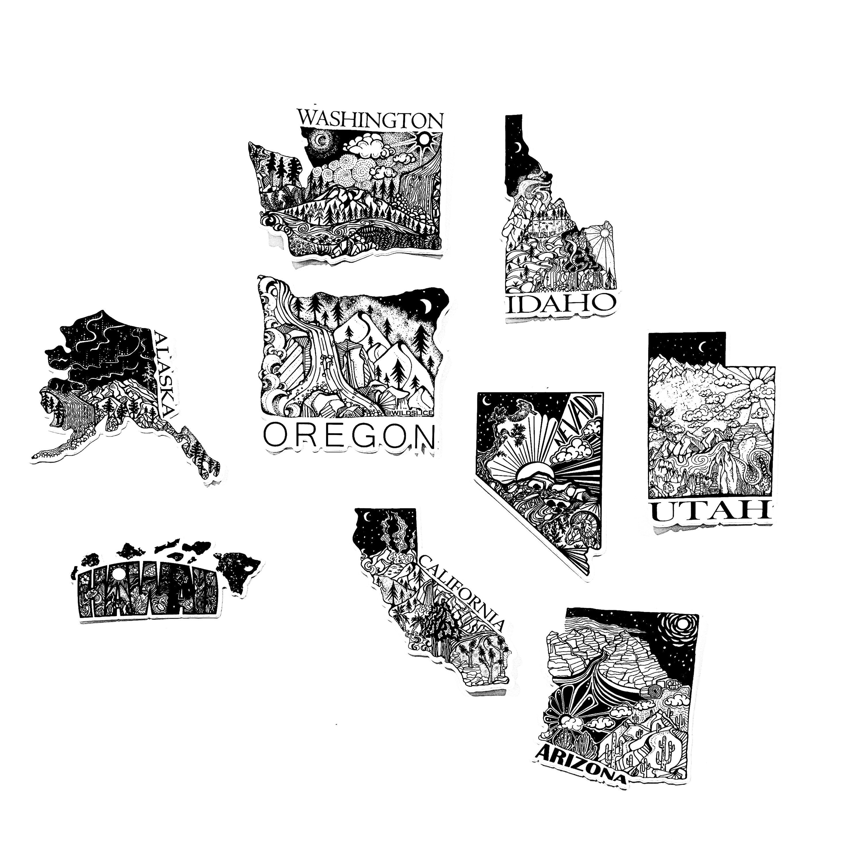 USA sticker pack. Save 97 dollars! 50 state stickers 4" Weatherproof and durable,  Outdoor sticker, Travel sticker, Wanderlust, Moon , Trees