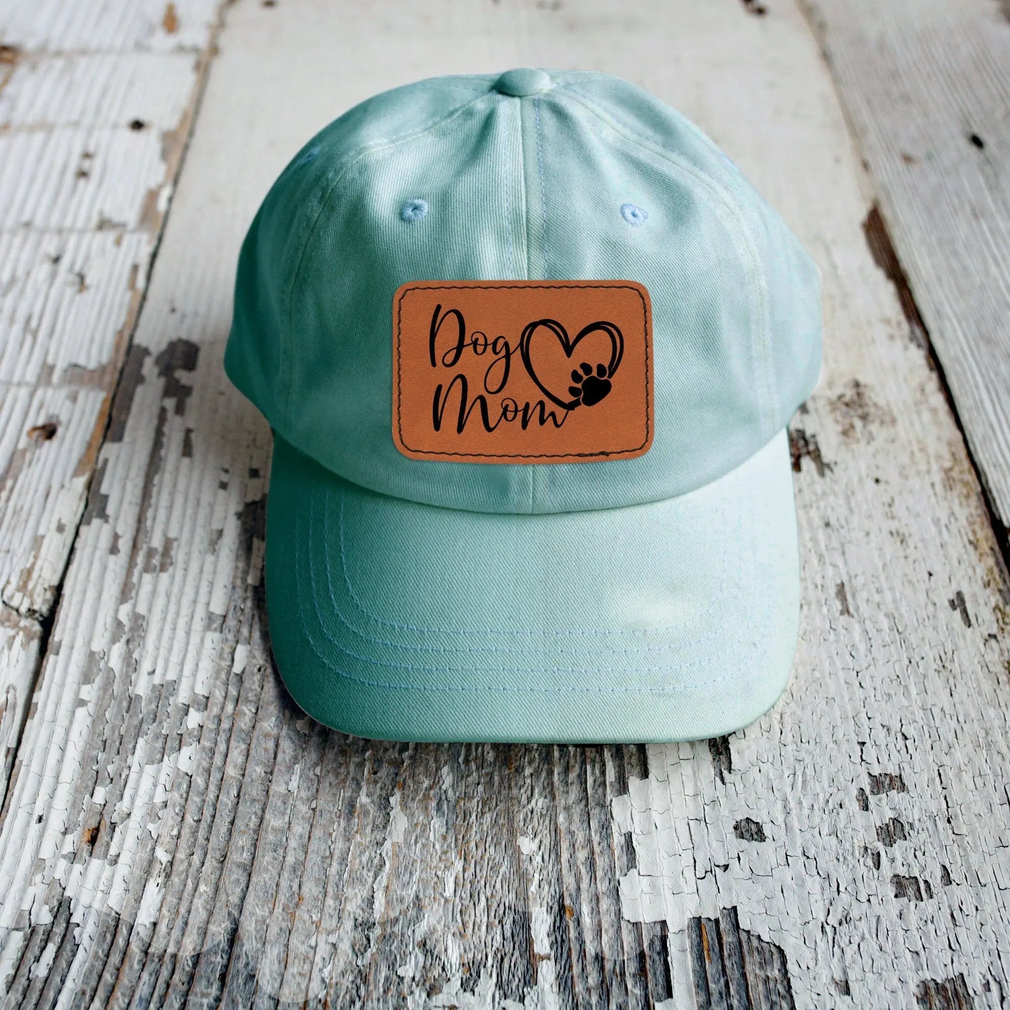 Dog Mom leather patch hat - coral, aqua trucker baseball cap