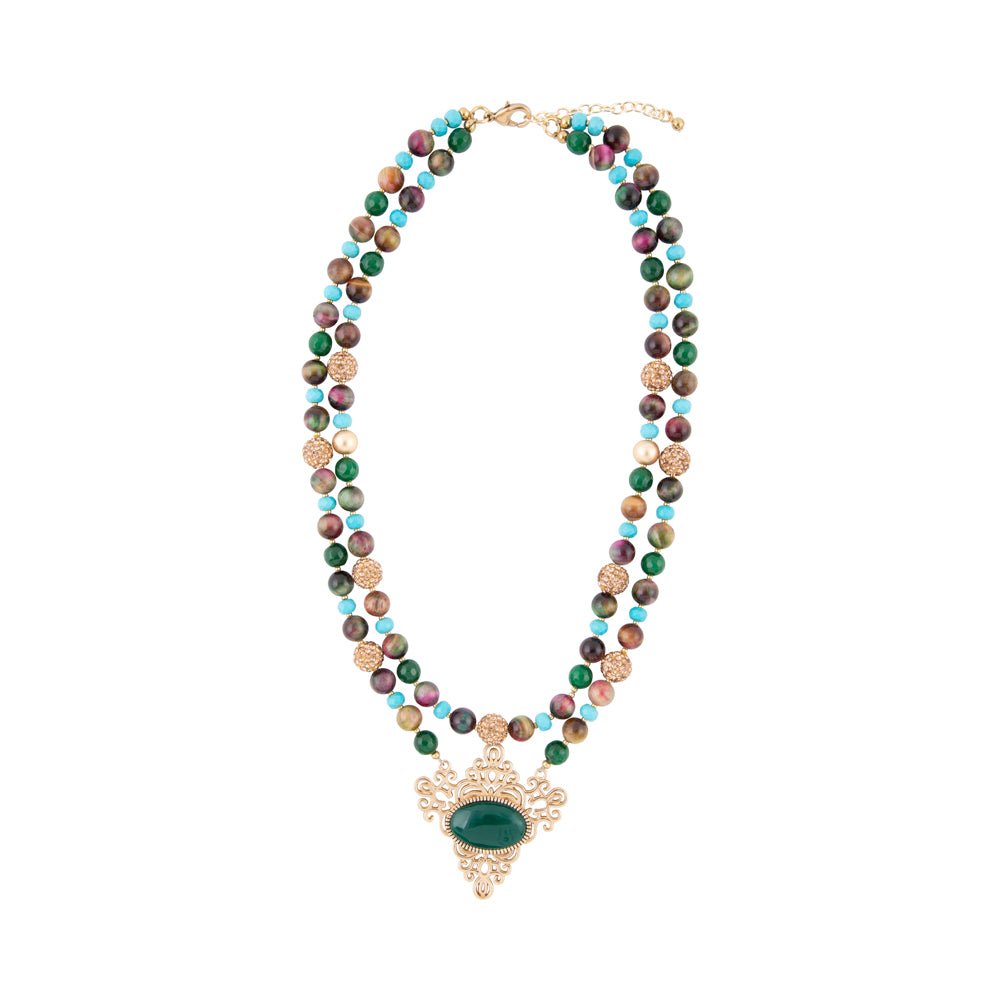 Jeweled Tyger's Eye and Green Onyx Golden Pendant Necklaces