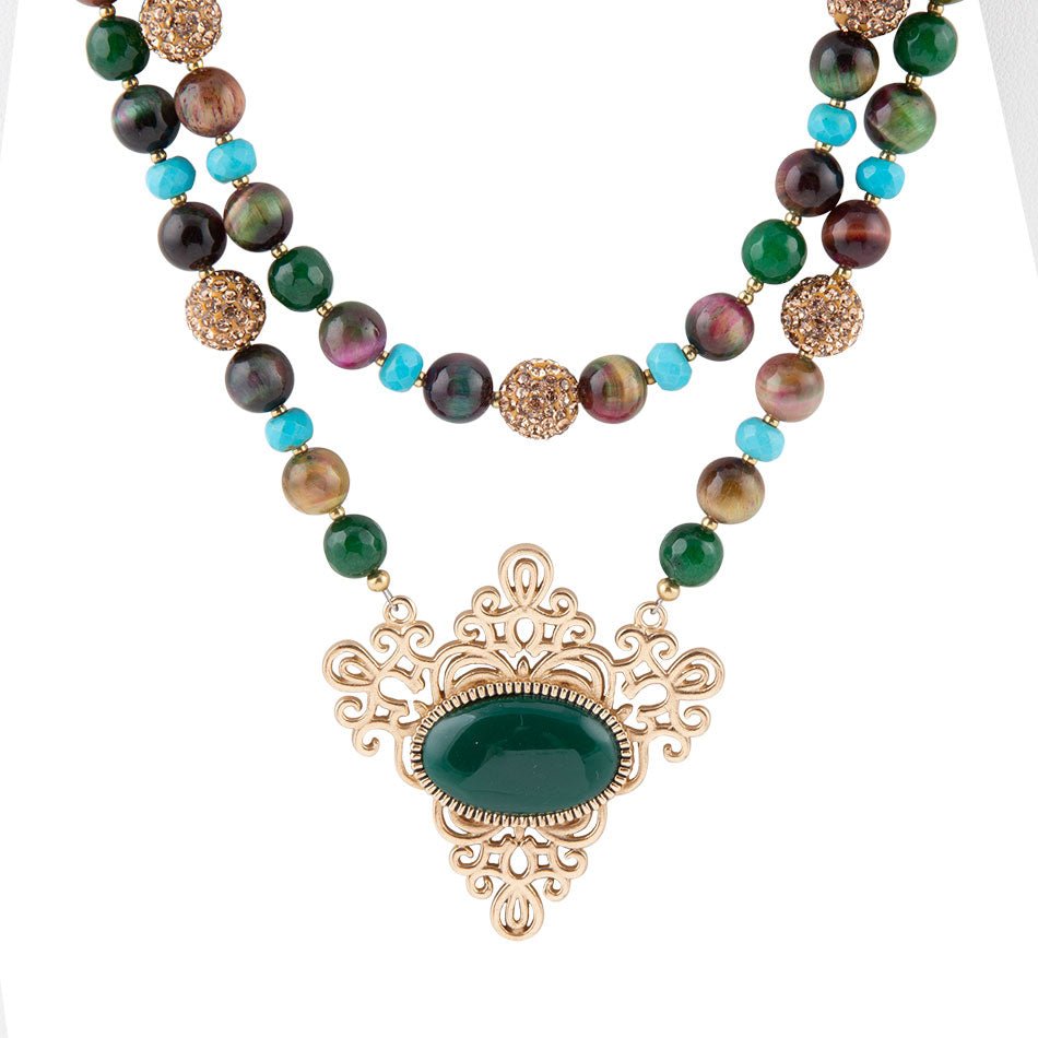 Jeweled Tyger's Eye and Green Onyx Golden Pendant Necklaces