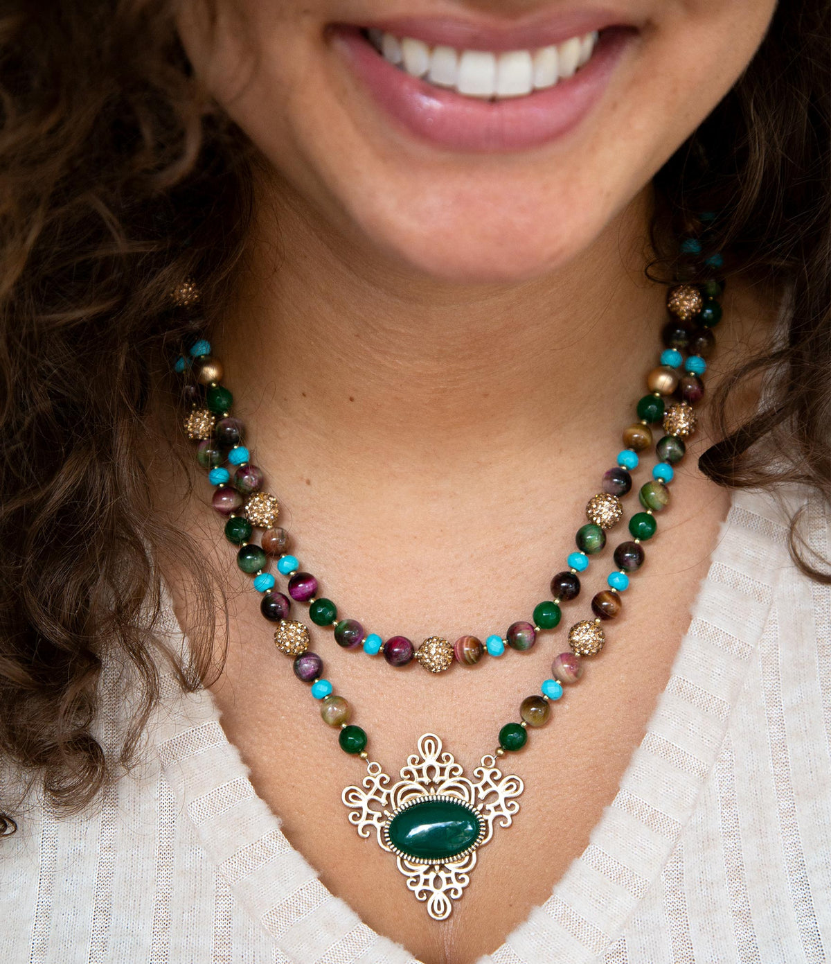 Jeweled Tyger's Eye and Green Onyx Golden Pendant Necklaces