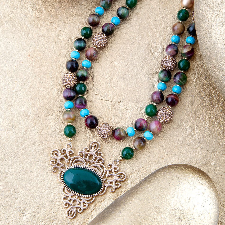 Jeweled Tyger's Eye and Green Onyx Golden Pendant Necklaces