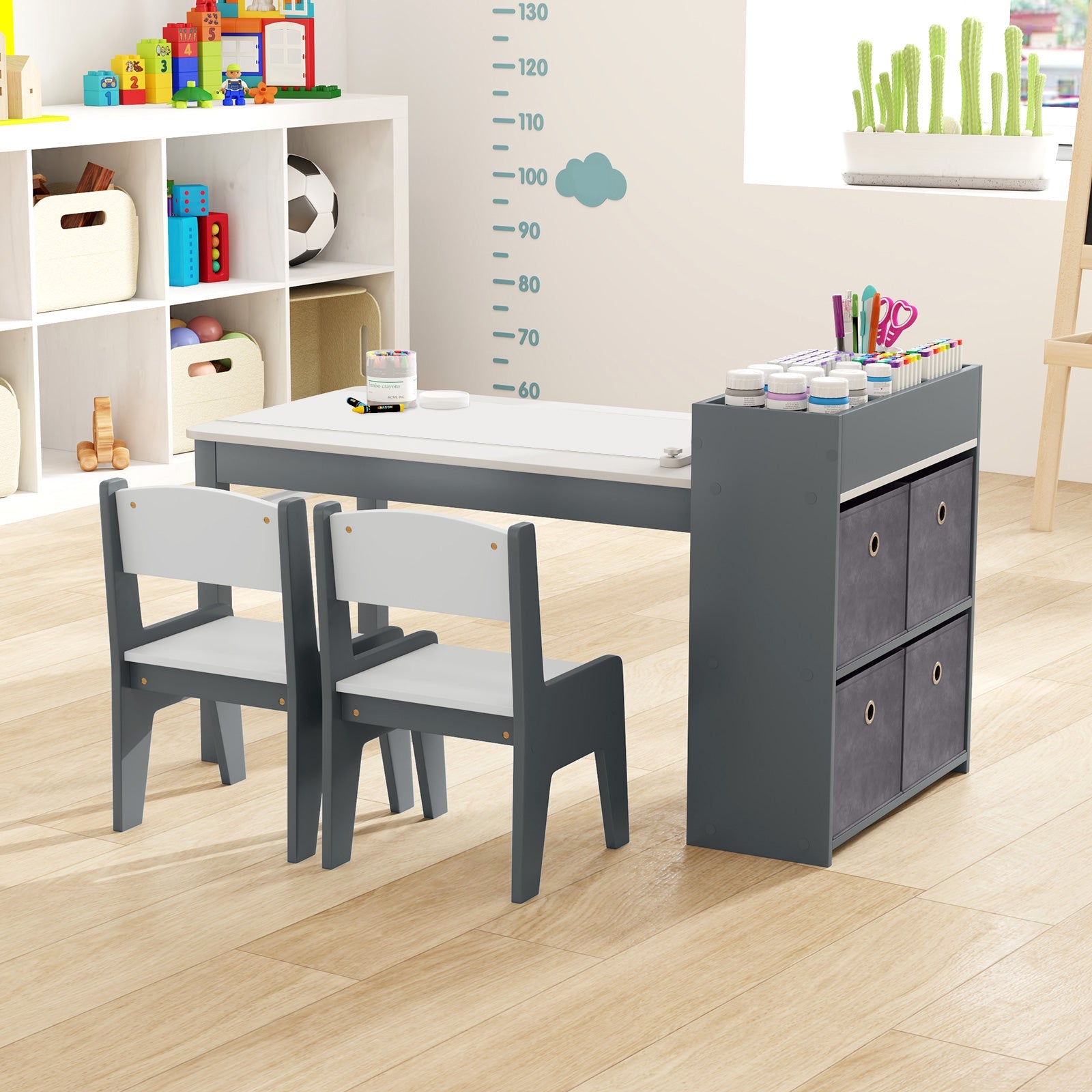 Kids Art Table and Chairs Set with 2 Chairs and Paper Roll