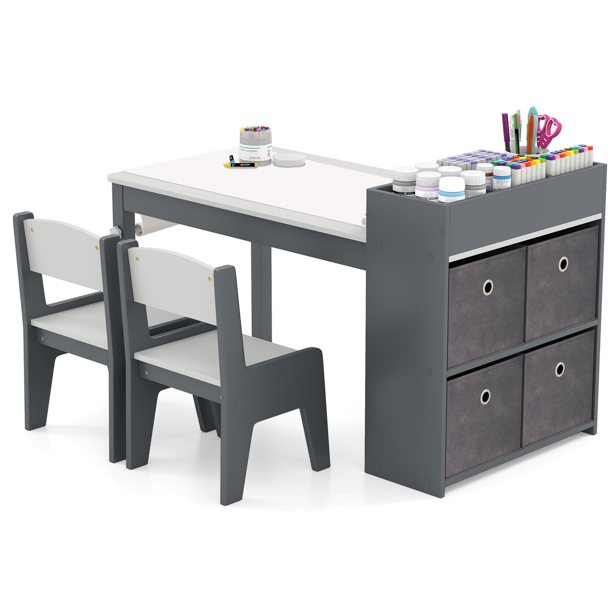 Kids Art Table and Chairs Set with 2 Chairs and Paper Roll