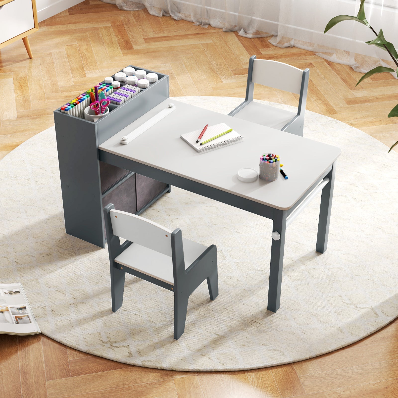 Kids Art Table and Chairs Set with 2 Chairs and Paper Roll