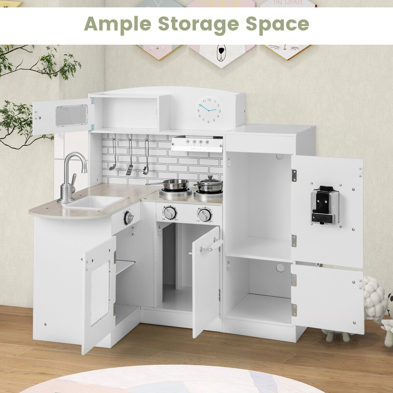 Kids Kitchen Playset Conor Kitchen Toy with Realistic Microwave and Oven Stove-White