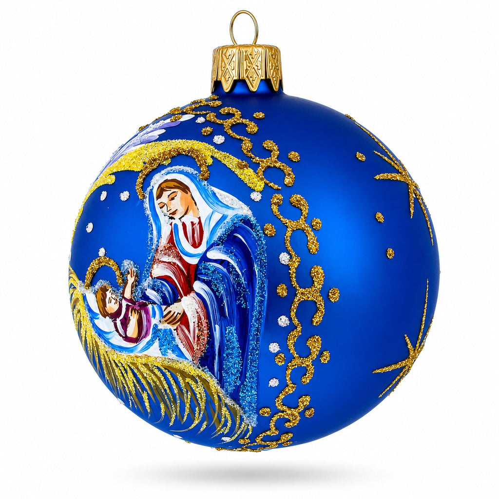 Guardian Angel Overlooking Baby Jesus Nativity Glass Ball Christmas Ornament 3.25 Inches