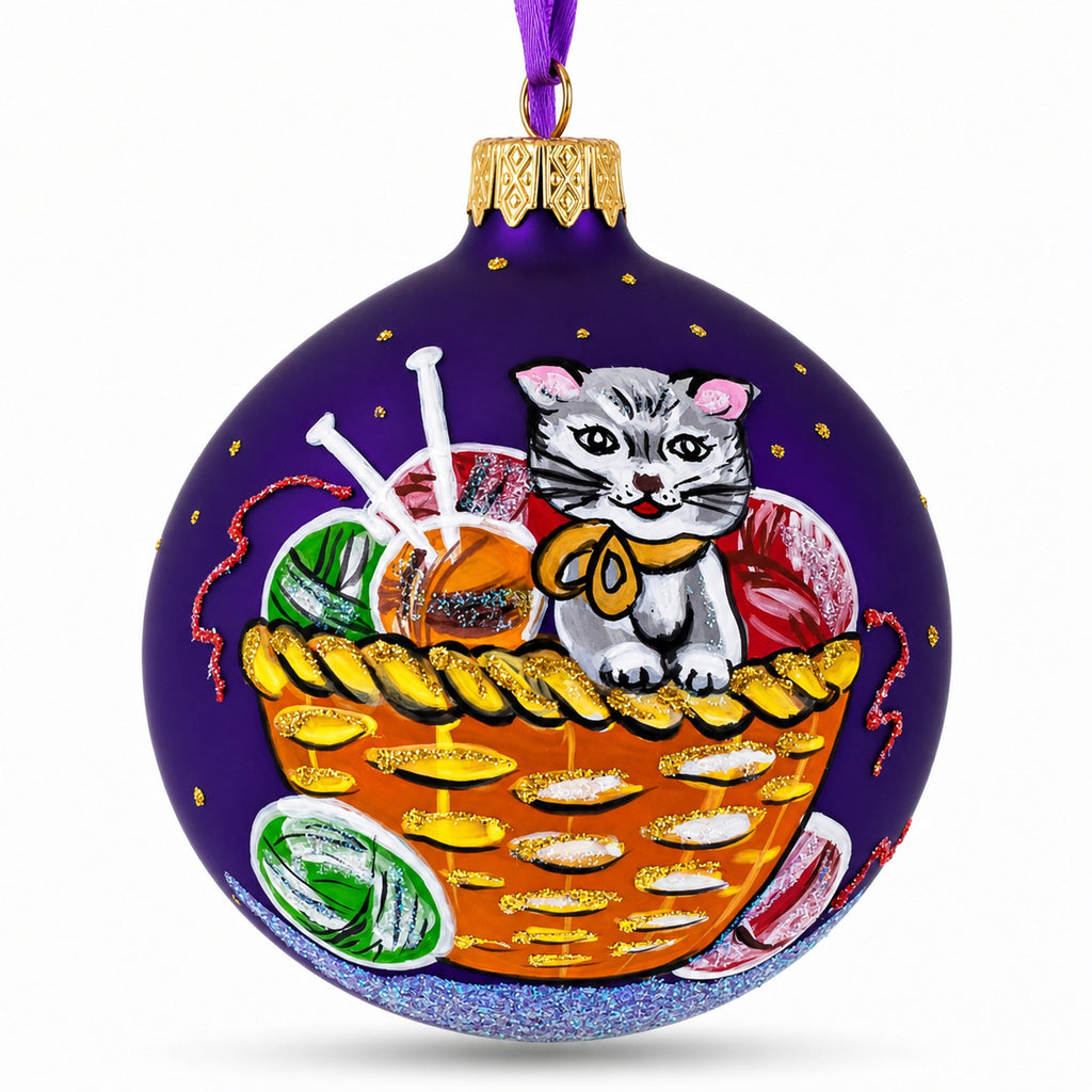 Kitten with Yarn Balls Glass Christmas Ornament 3.25 Inches