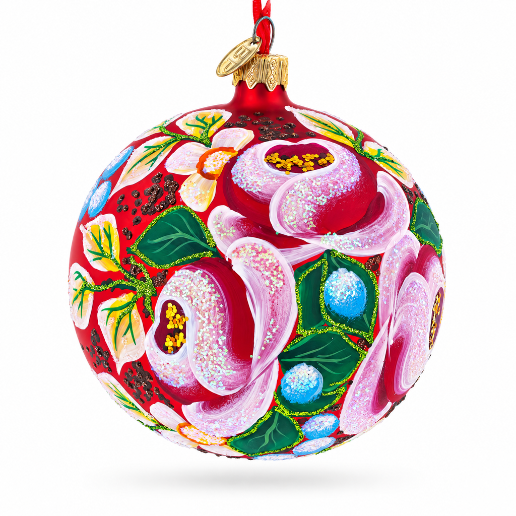 Roses Bouquet Glass Ball Christmas Ornament 4 Inches