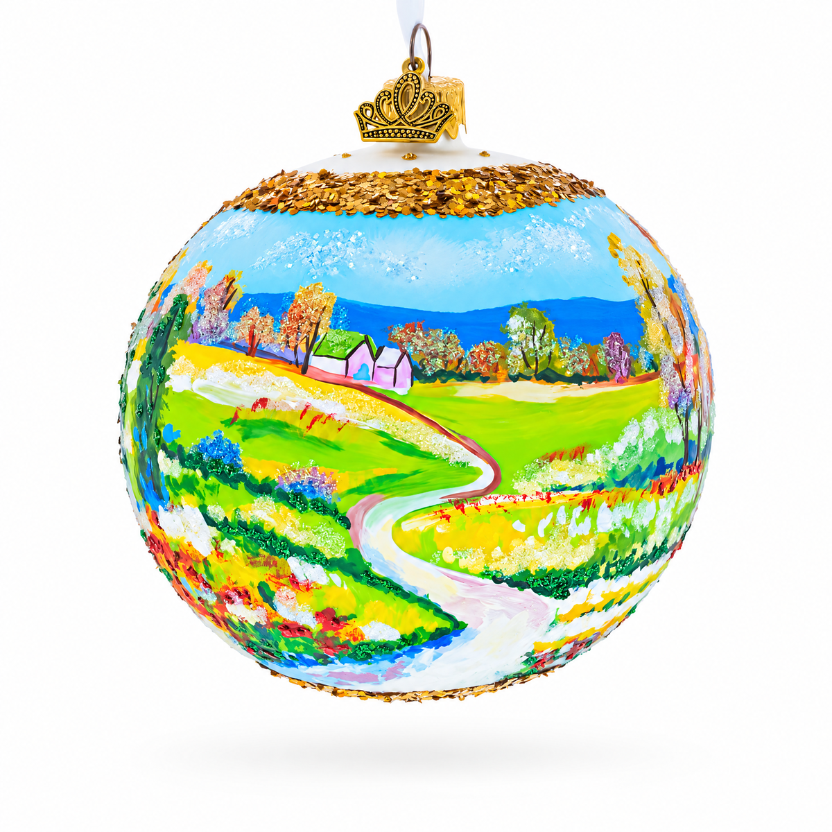 Village Road Painting Glass Ball Christmas Ornament 4 Inches