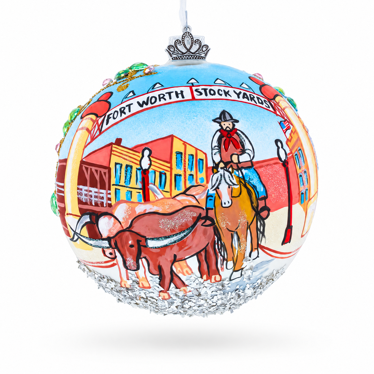 Fort Worth Stockyards, Texas Glass Ball Christmas Ornament 4 Inches