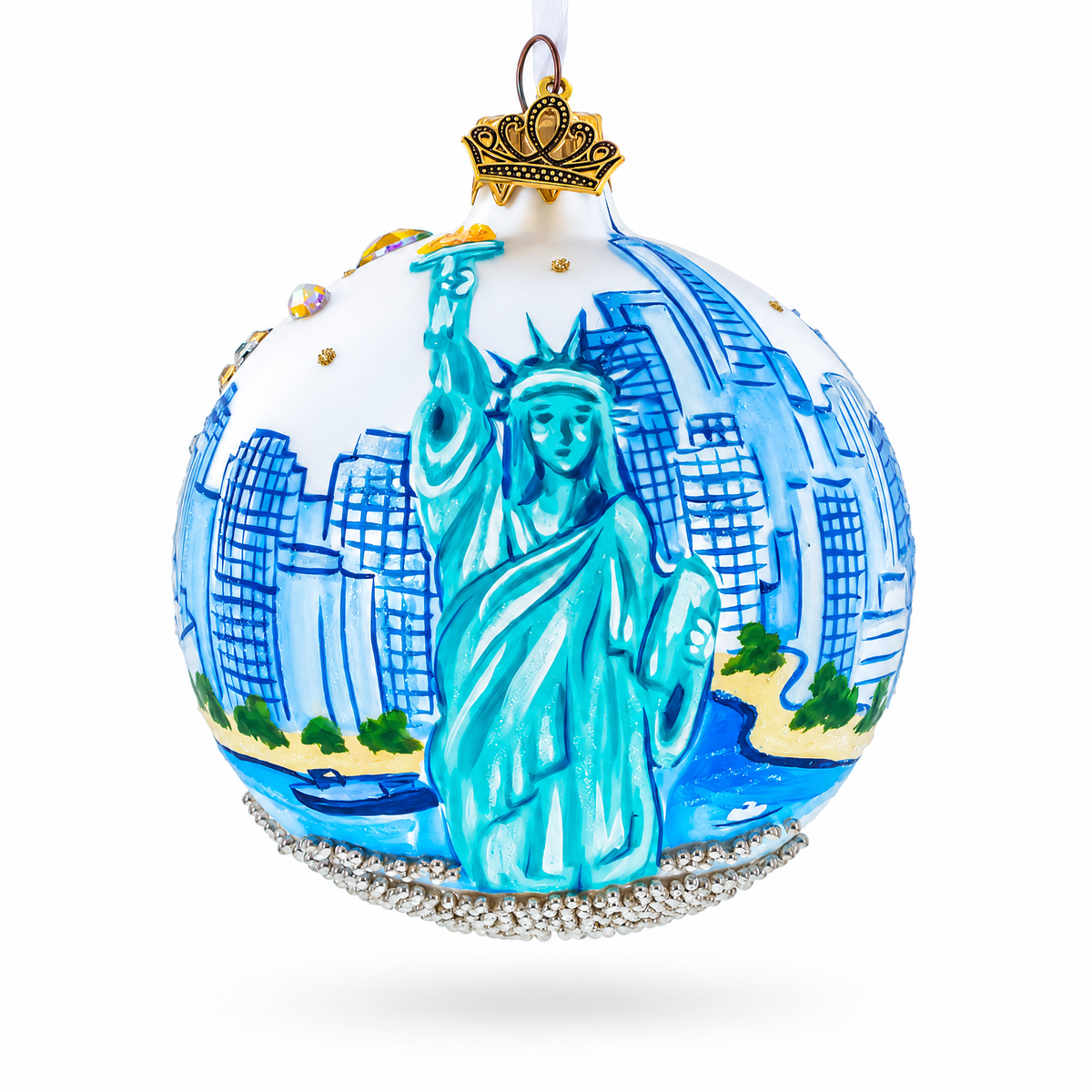 Statue of Liberty, New York City Skyline Jeweled Glass Ball Christmas Ornament 3.25 Inches