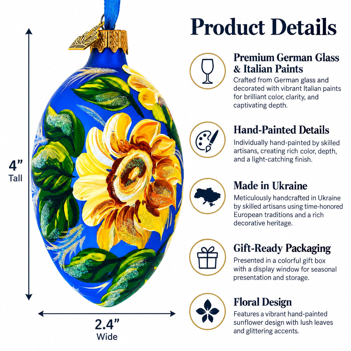 Sunflowers on Blue Glass Egg Ornament 4 Inches