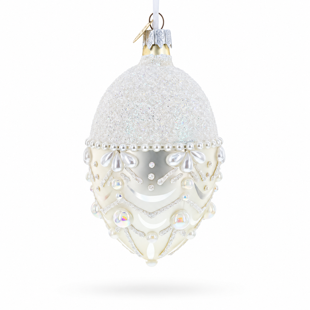 White Pearls on Frozen Glass Egg Christmas Ornament 4 Inches