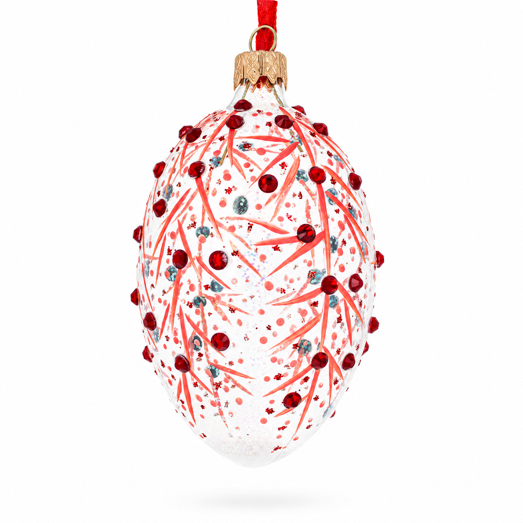 Red Branches Glass Egg Christmas Ornament 4 Inches