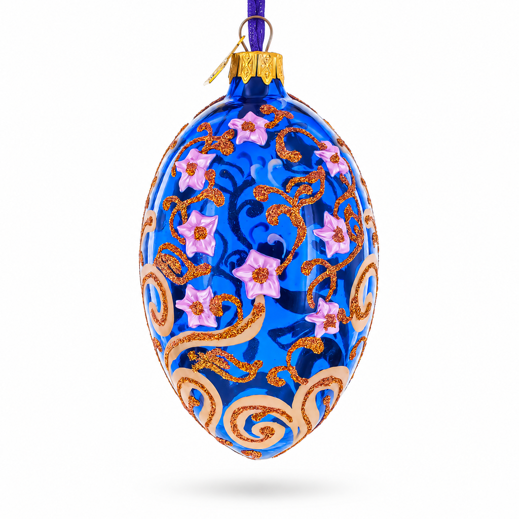 Cobalt Blue Floral Design with Pink Blossoms & Gold Glitter Scrollwork Glass Egg Ornament 4 Inches
