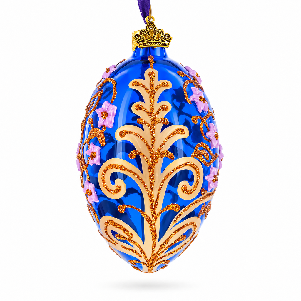 Cobalt Blue Floral Design with Pink Blossoms & Gold Glitter Scrollwork Glass Egg Ornament 4 Inches