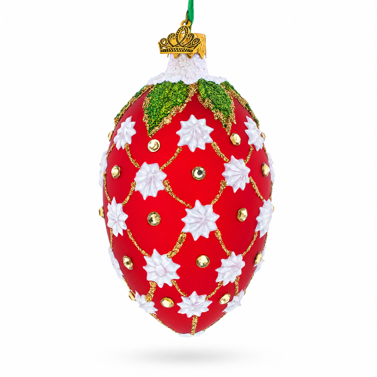 Red and Gold Lattice with White Flowers and Green Holly Glass Egg Ornament 4 Inches