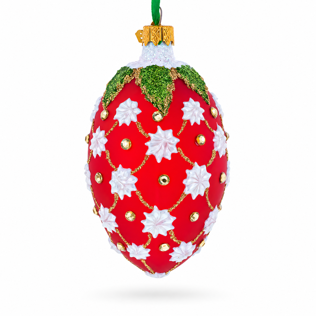 Red and Gold Lattice with White Flowers and Green Holly Glass Egg Ornament 4 Inches