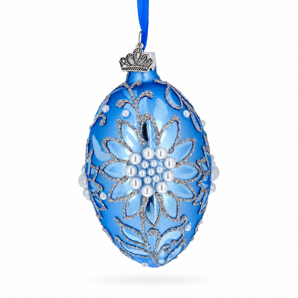 Jeweled Blue Floral Pearl Glass Egg Ornament