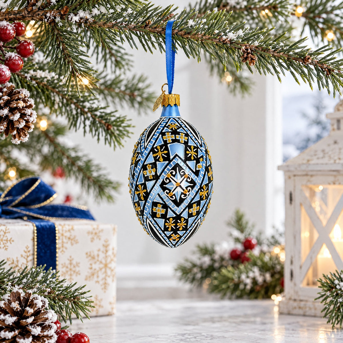 Ornate Midnight Blue Diamond Pattern Starburst Glass Egg Ornament
