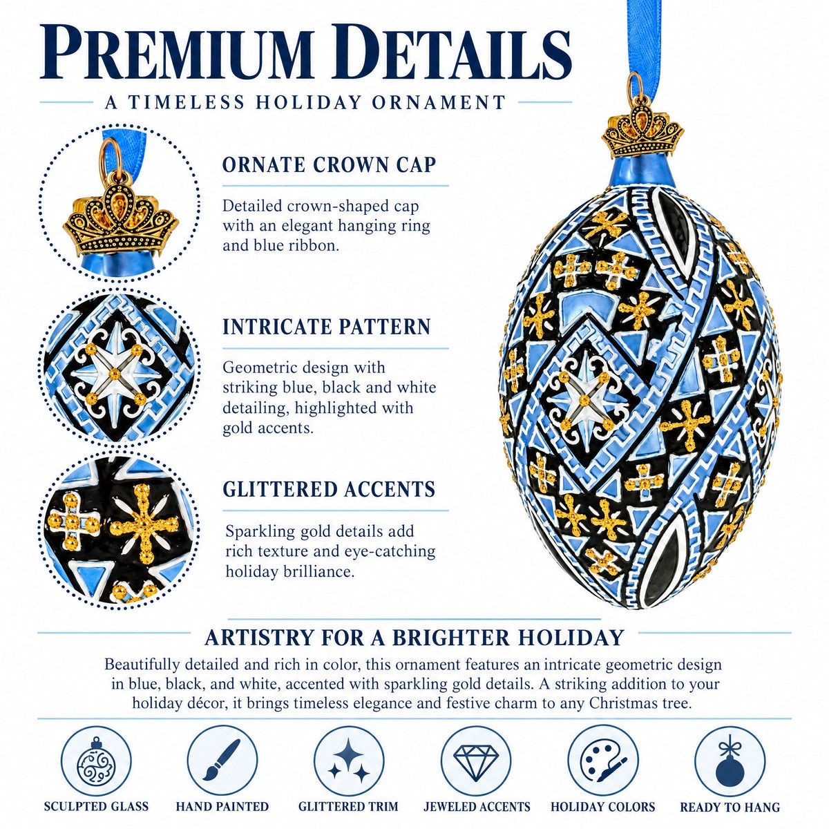 Ornate Midnight Blue Diamond Pattern Starburst Glass Egg Ornament