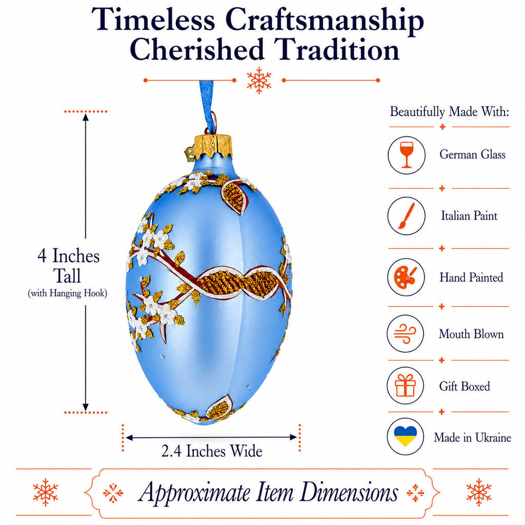 White Blossom Branch on Light Blue Glass Egg Ornament