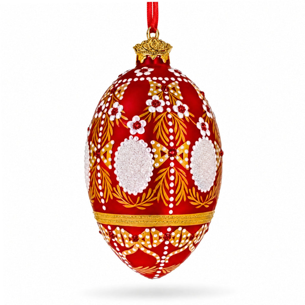 Ornate Floral Medallion on Matte Red Glass Egg Ornament