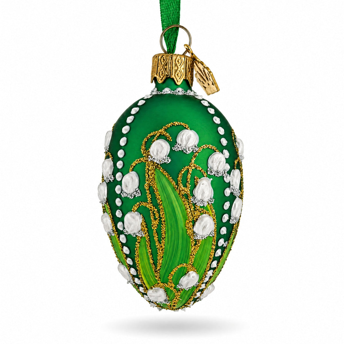 Lily of the Valley on Green Glass Egg Ornament