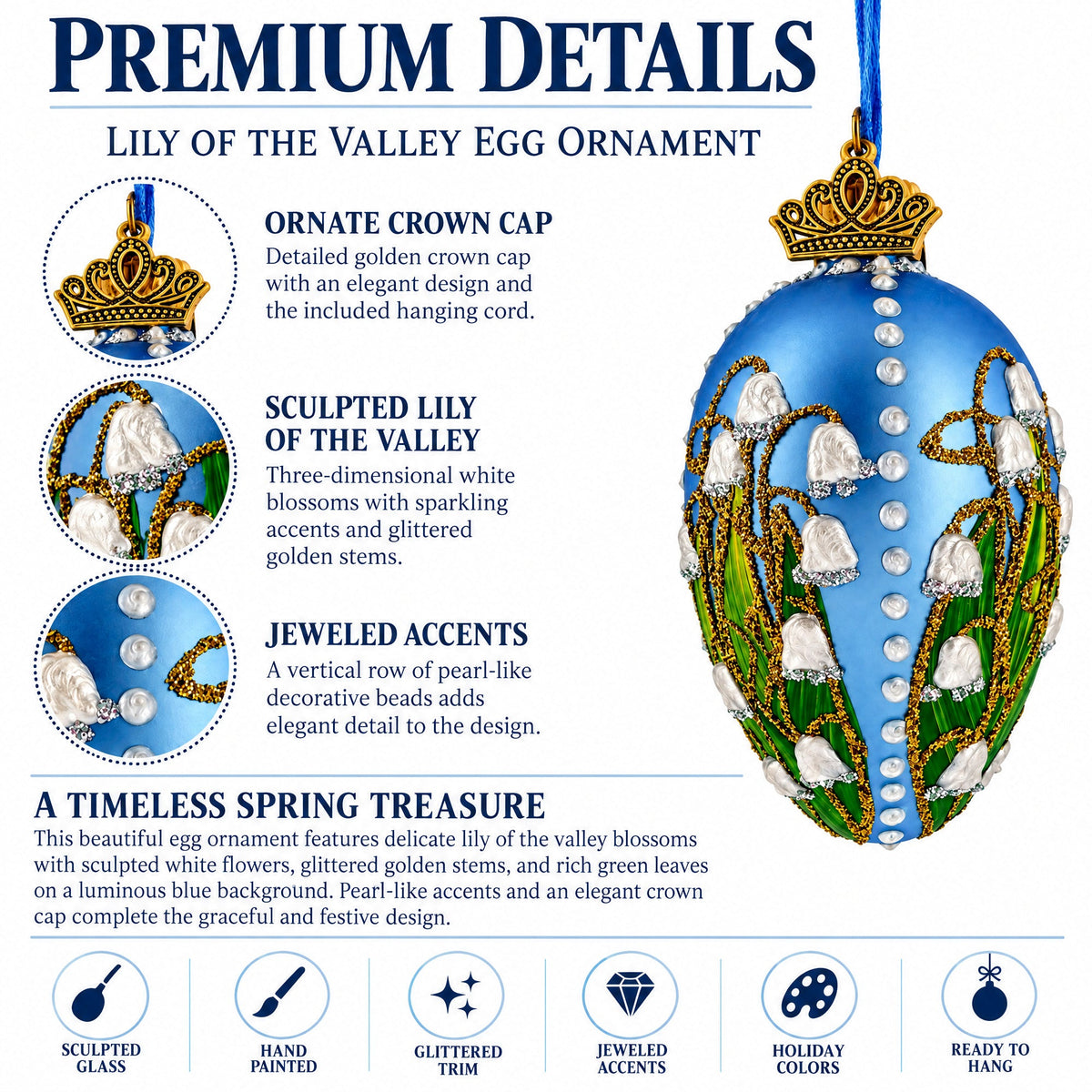 Lily of the Valley on Blue Glass Egg Ornament