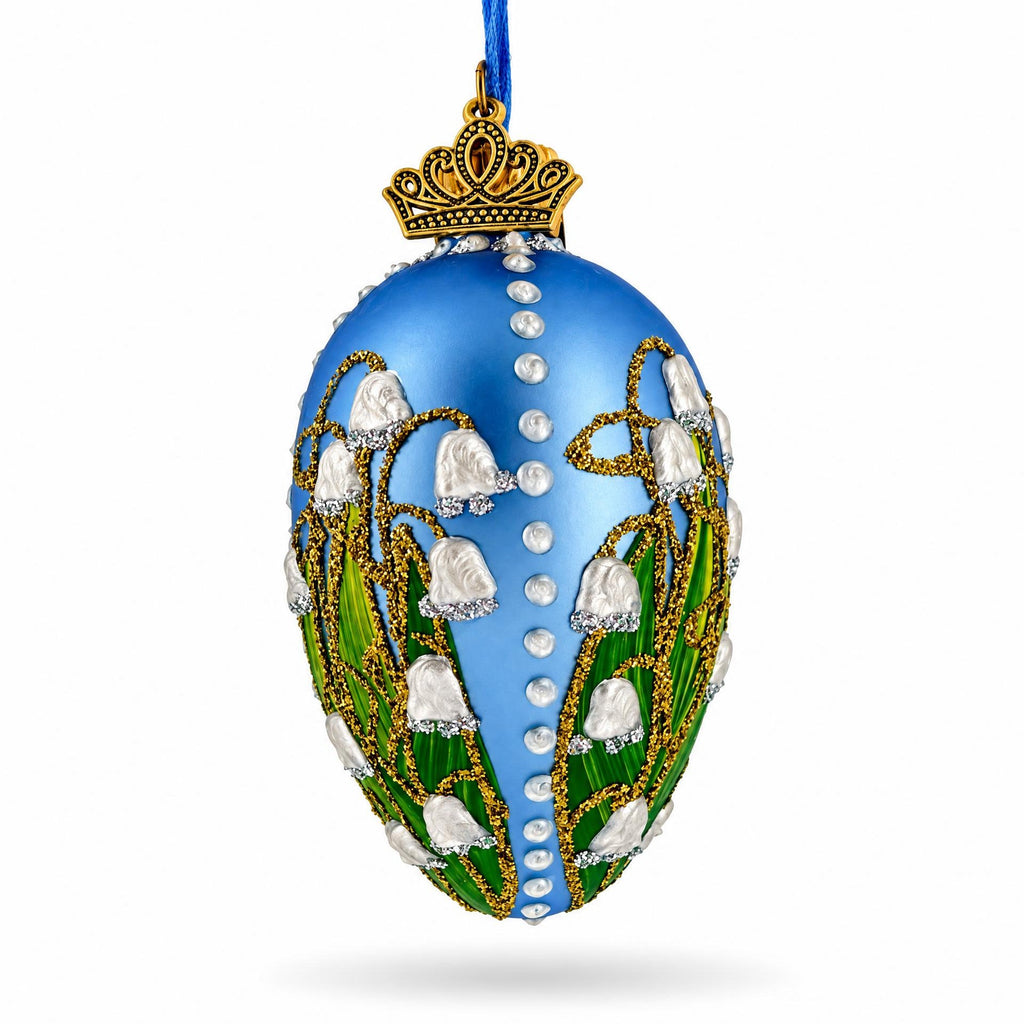 Lily of the Valley on Blue Glass Egg Ornament