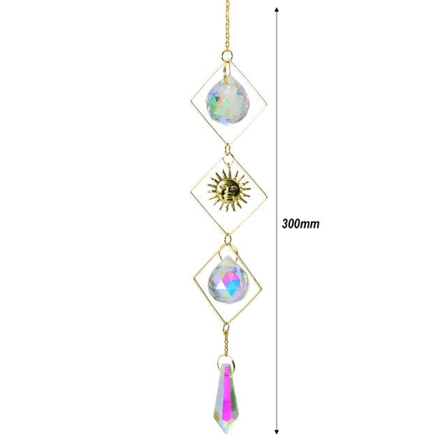 Metallic Hoop Moon Sun Catcher Hanging Crystal Pendant Chandelier Lamps Light Crystals Glass Pendants Light Rainbow Maker Wind Chime Hanging Drop Gift of Good Luck Garden Decor Hanging Ornament For Home Decoration