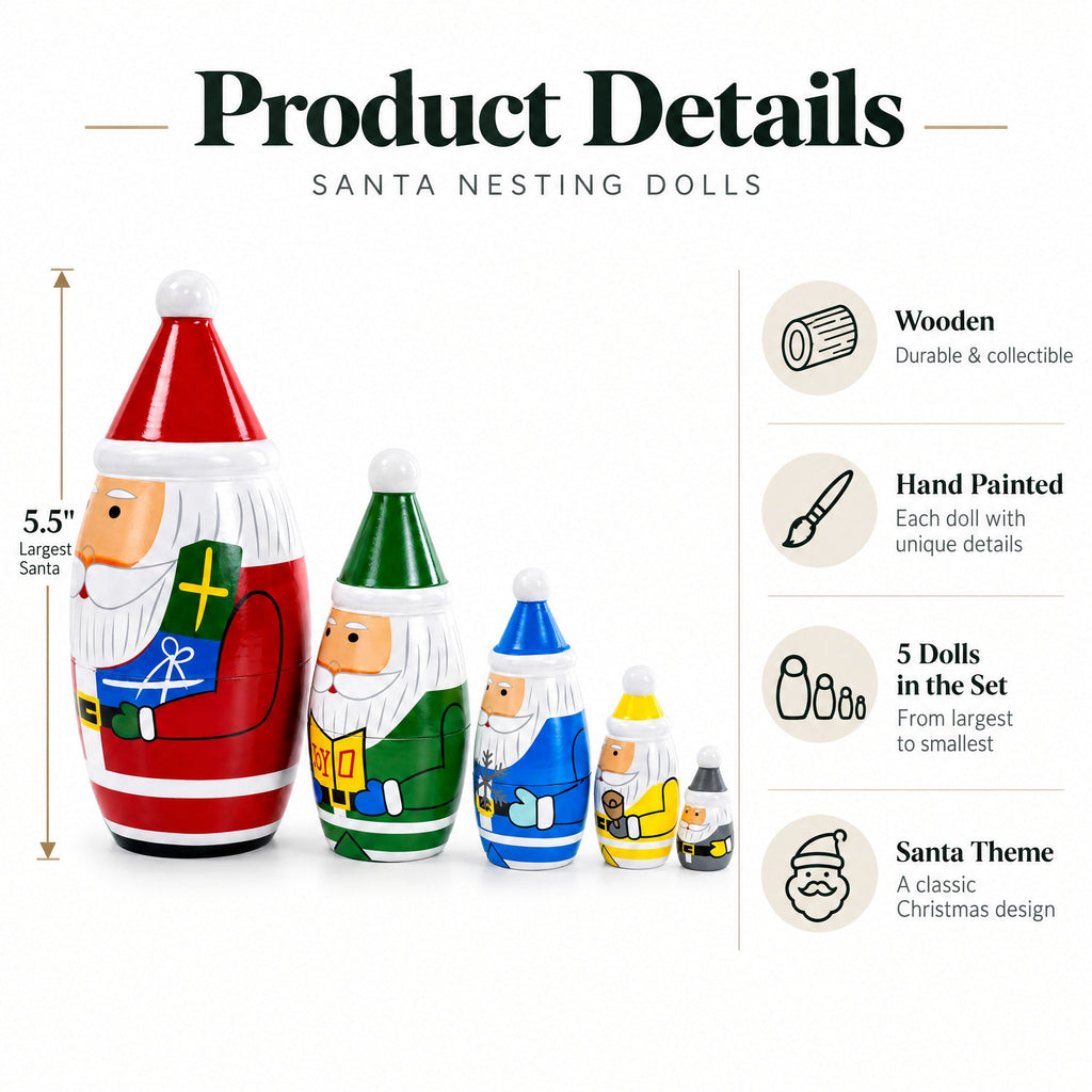 Set of 5 Multicolor Santa with Christmas Gifts Wooden Nesting Dolls 5.5 Inches