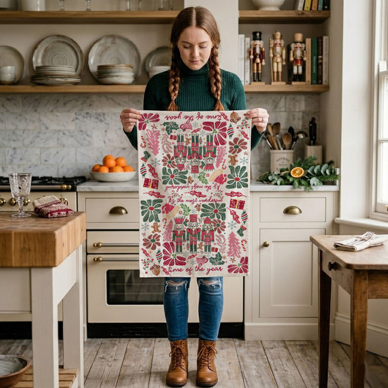 Boho Floral Nutcracker Kitchen Towel