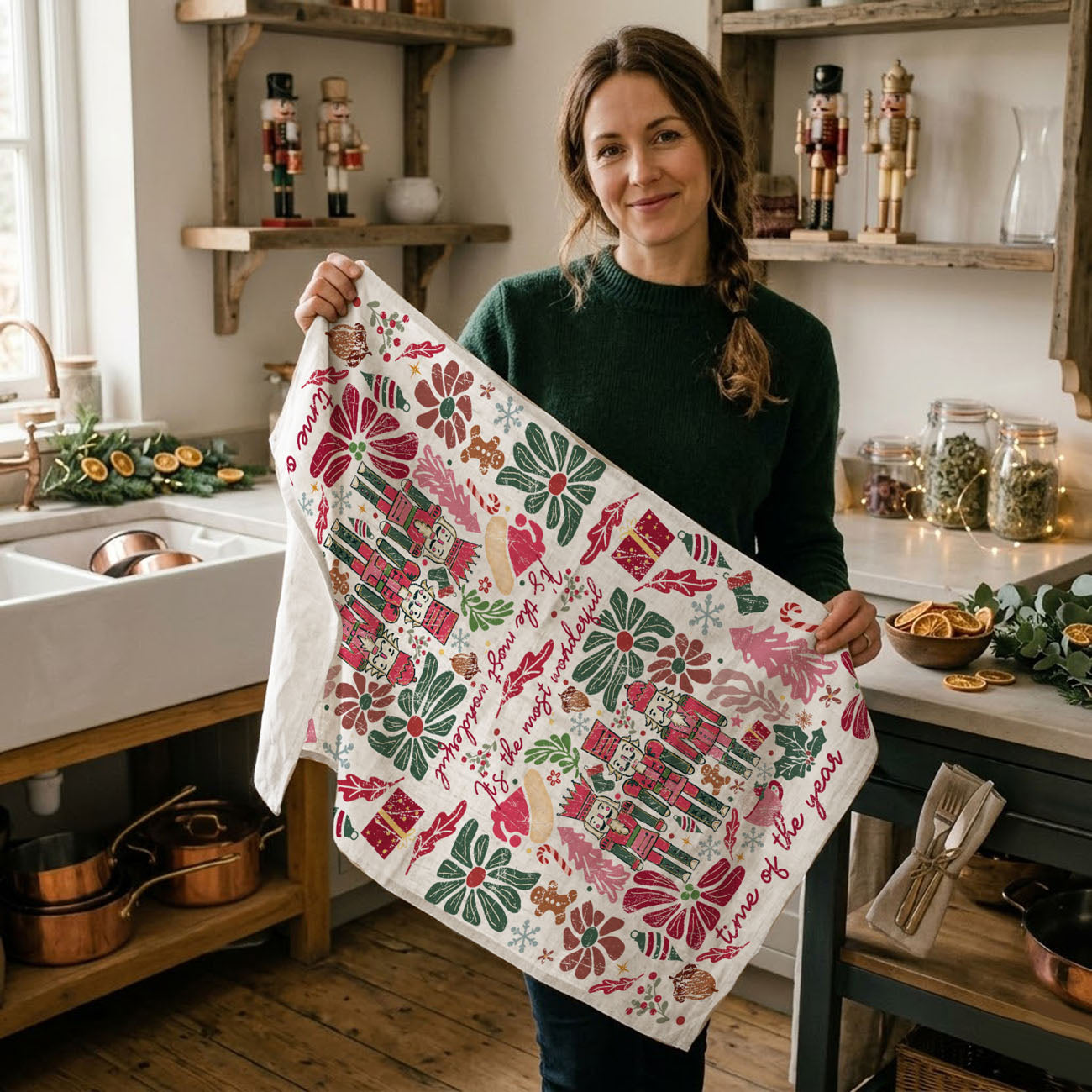 Boho Floral Nutcracker Kitchen Towel