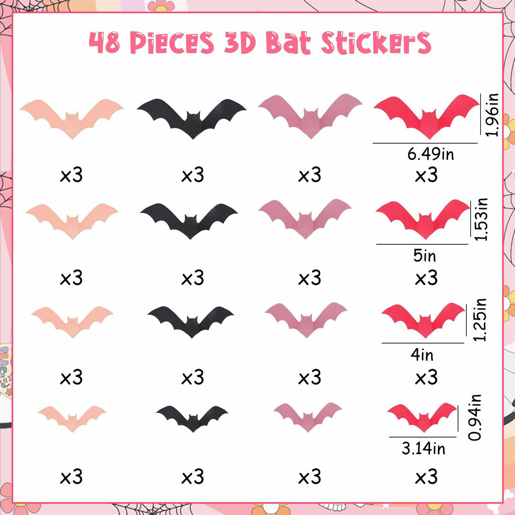 Sursurprise 48PCS 3D Halloween Bat Wall Stickers Pink Black Party Decor