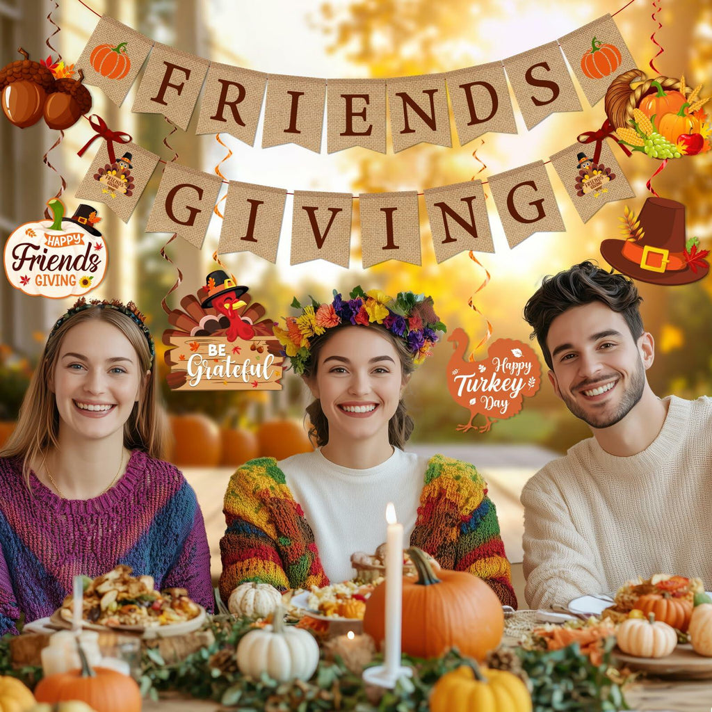 Friendsgiving Party Decorations Banner Hanging Swirls Turkey Pumpkin Maple