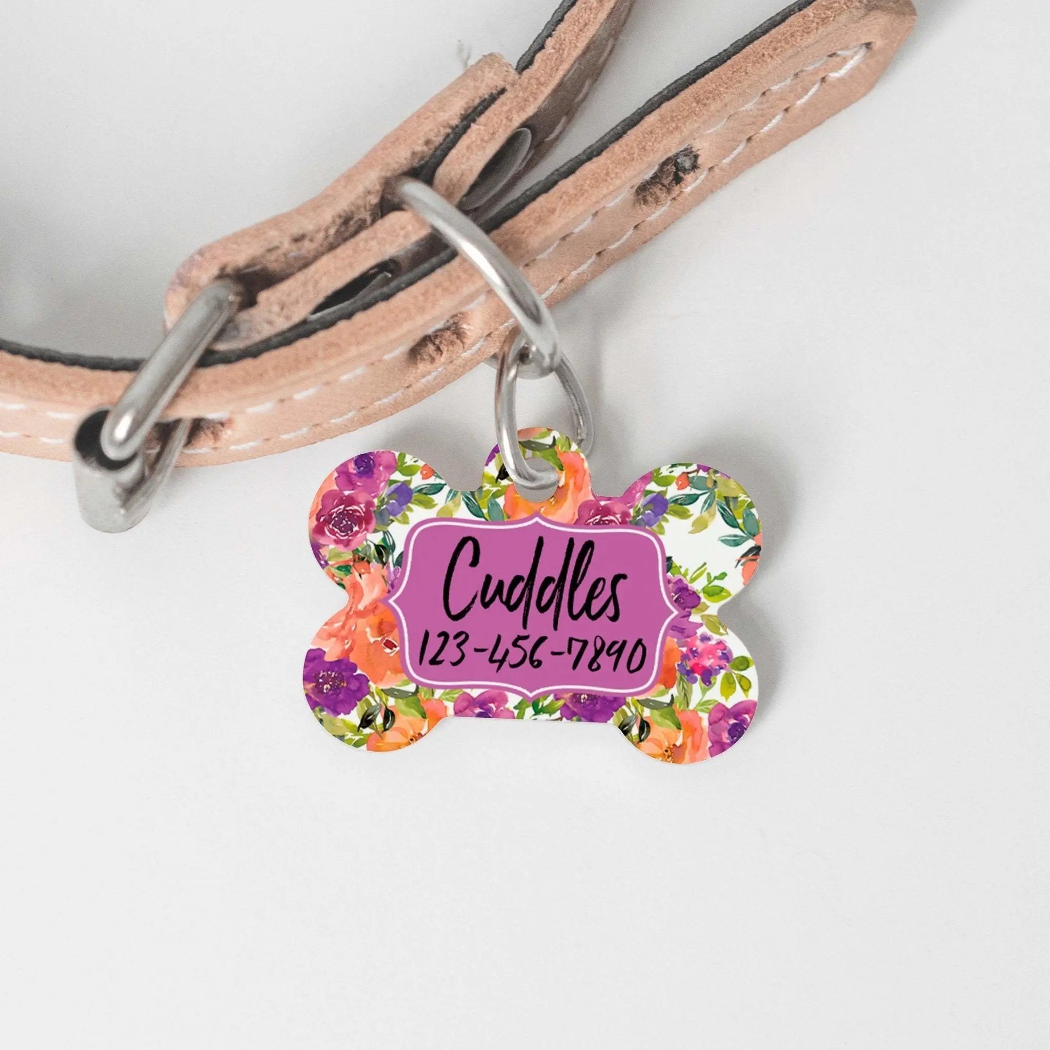 Personalized Pet ID Tag - Colorful Custom Floral Pet ID Tag - Orange Purple Dog Name Tag - Dog ID Tag - Dog Collar Name Tag