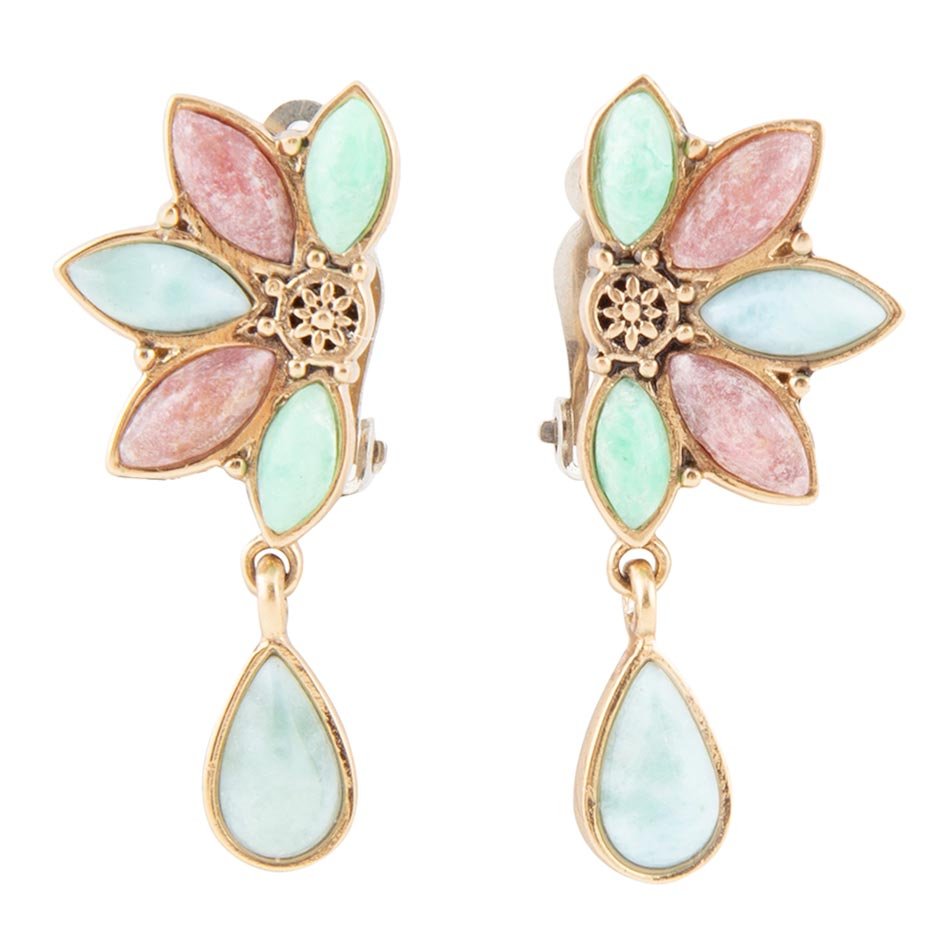 Pink Rhodonite Blue Amazonite and Varacite Petals Golden Clip Earrings